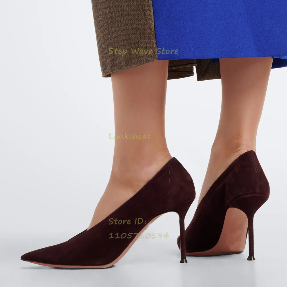 Brown Suede Solid Pumps Sexy Pointy Toe Slip On Shallow Runway 2026 Spring Autumn Women Dress Shoes Hot Sale Footwear