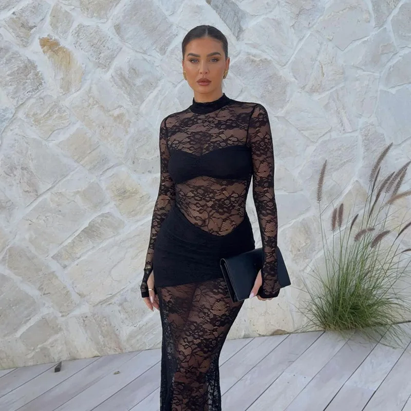 New women's clothing - sexy, open-work, see-through, long, form-fitting, and midriff-baring dress
