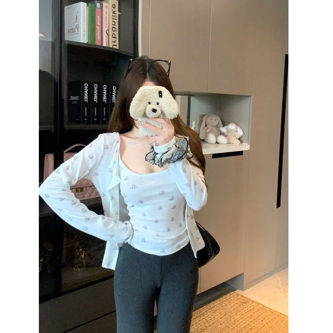 

Корейский стиль: Нежный цветочный принт, комплект из двух предметов для женщин, весна-осень, повседневный, с длинным рукавом, жилет и кардиган, модный комплект верхней одежды