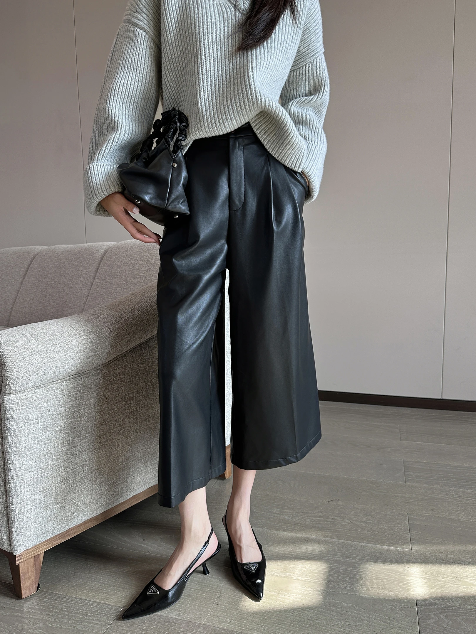 

Bla High Waist PU Leather Nine Point Pants Women's Winter New Straight Loose Slimming Casual Trousers Faionable Wide Leg ...