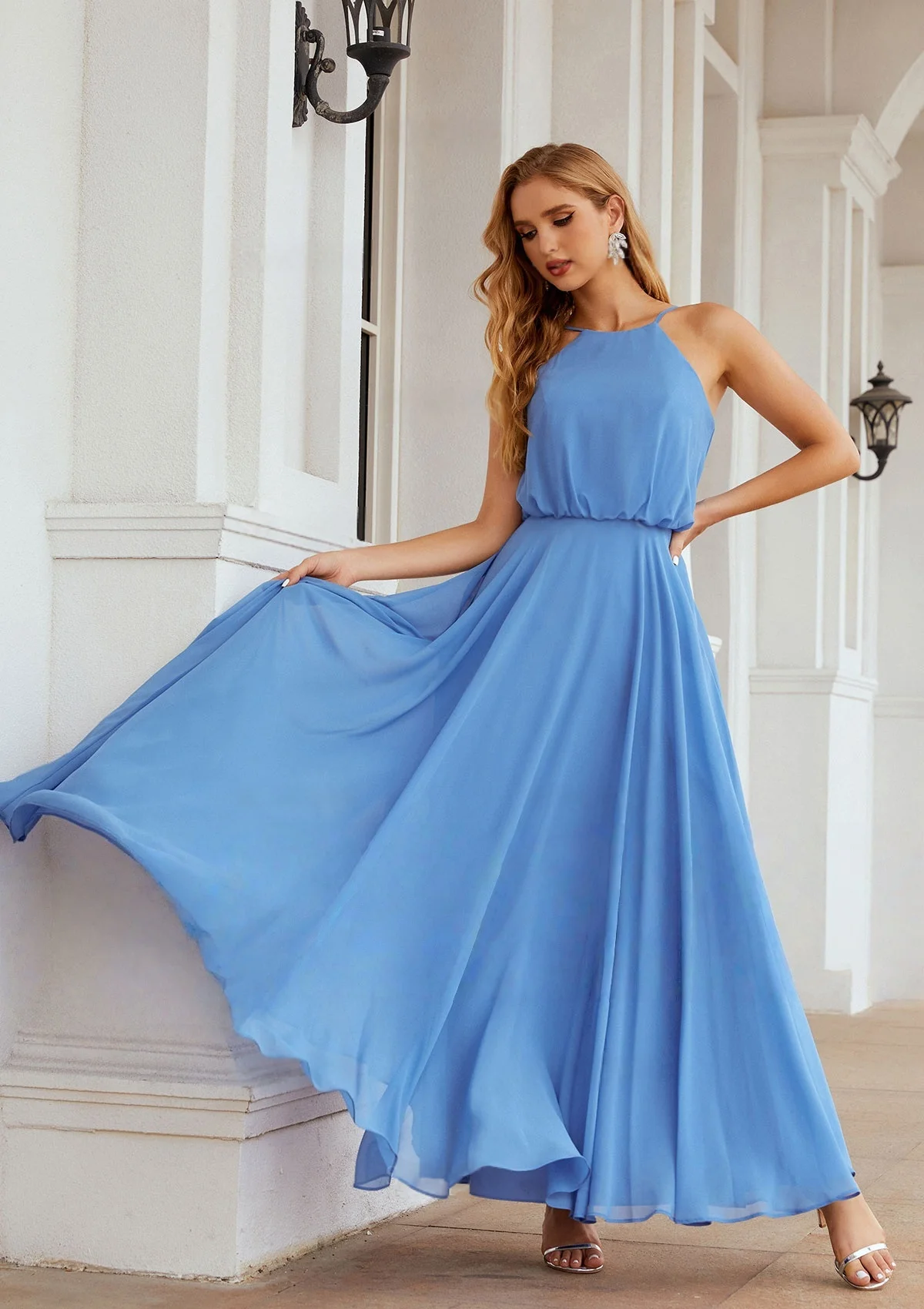 

A Line Simple Halter Neck Blue Chiffon Bridesmaid Dress Elegant Party Dresses Long Maxi Evening Beach Wedding Party Attire
