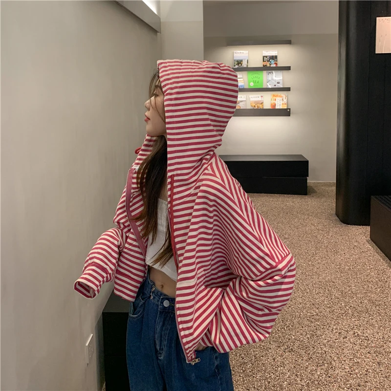 Loose Stripped Women Hooded Sweatshirts Simple All-match Long Sleeve Student Coats 2023 New Casual Straight Female Tops