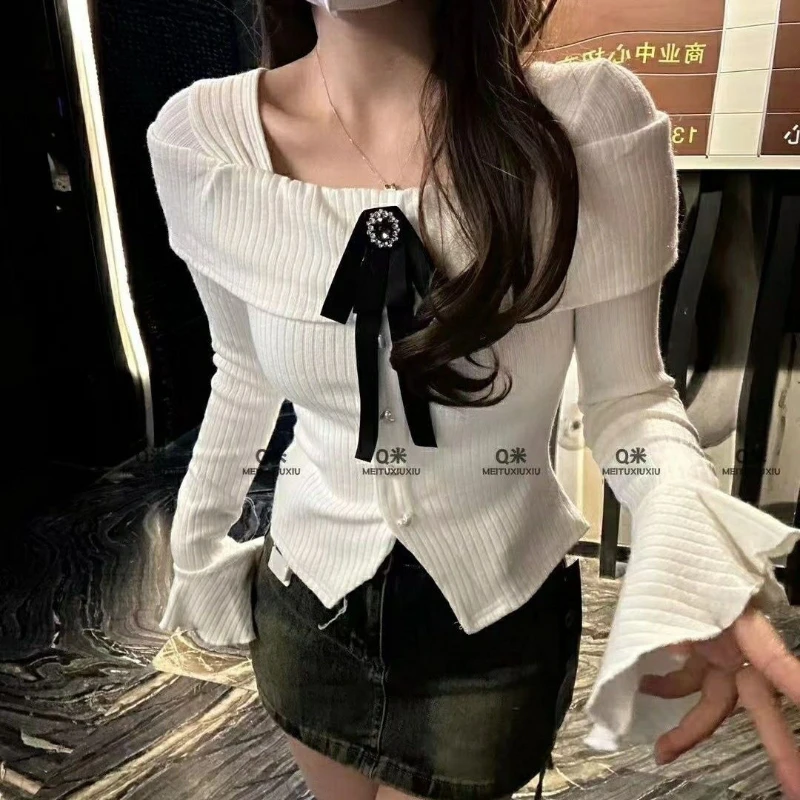 Pure Sweet and Spicy Girl Square Neck Bow Top Women's Interior with a High-end Feel Split Flared Sleeve Shirt Base Shirt