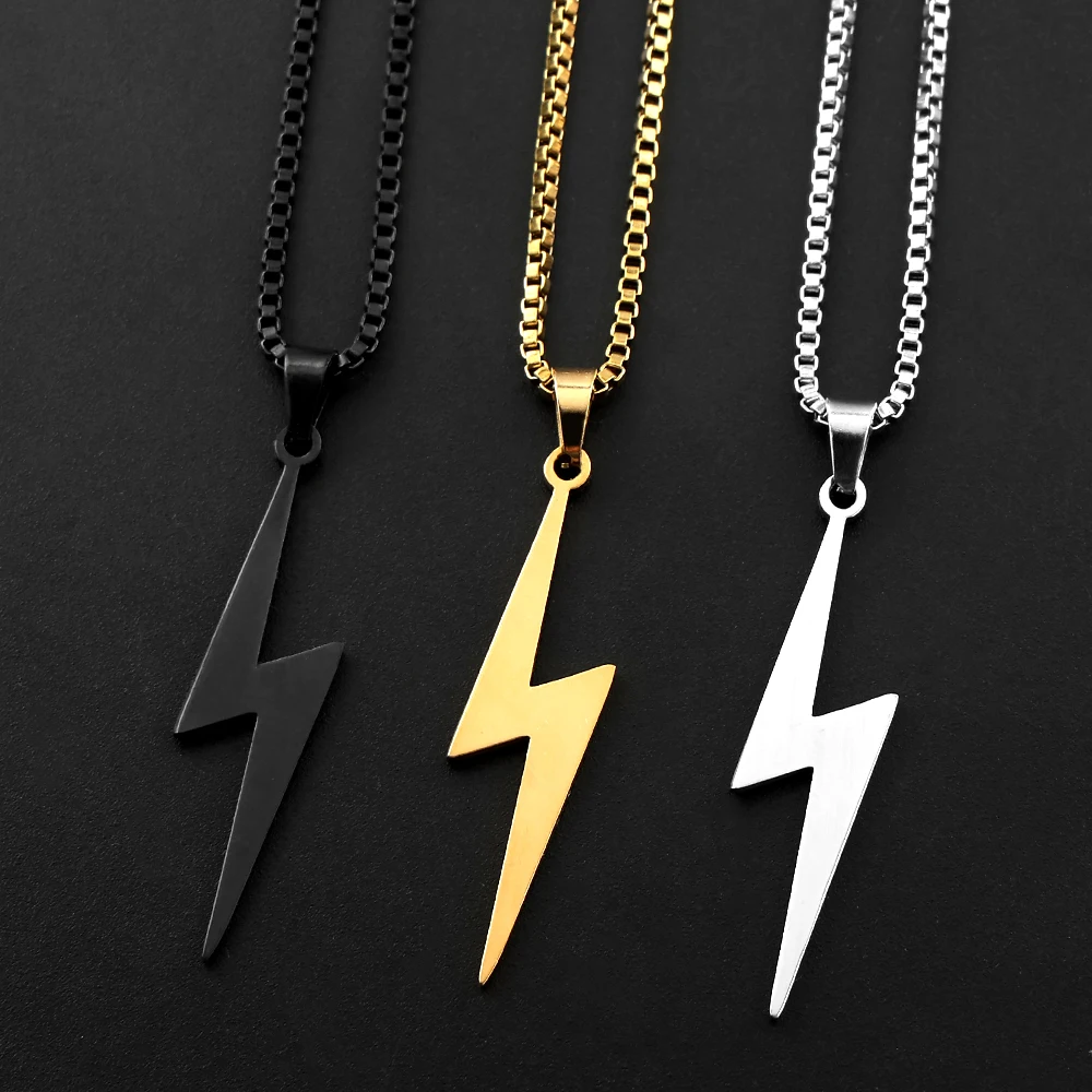 Punk Stainless Steel Lightning Pendant Necklace Minimalist Thunder Box Chain Necklaces for Men Women Rock Street Jewelry Gift