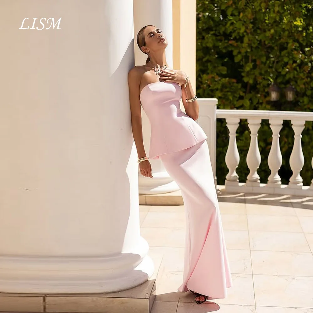 

LISM Pink Strapless Mermaid Evening Dresses Silk Satin Long Elegant Prom Dresses Customized فستان المساء Colorful