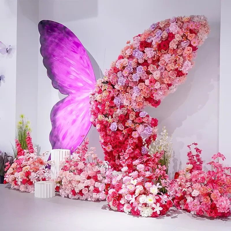 Giant Metal Butterfly Wall Art Pink Artificial Flower Arrangement Modern Luxury Background Decor for Wedding Party Stage