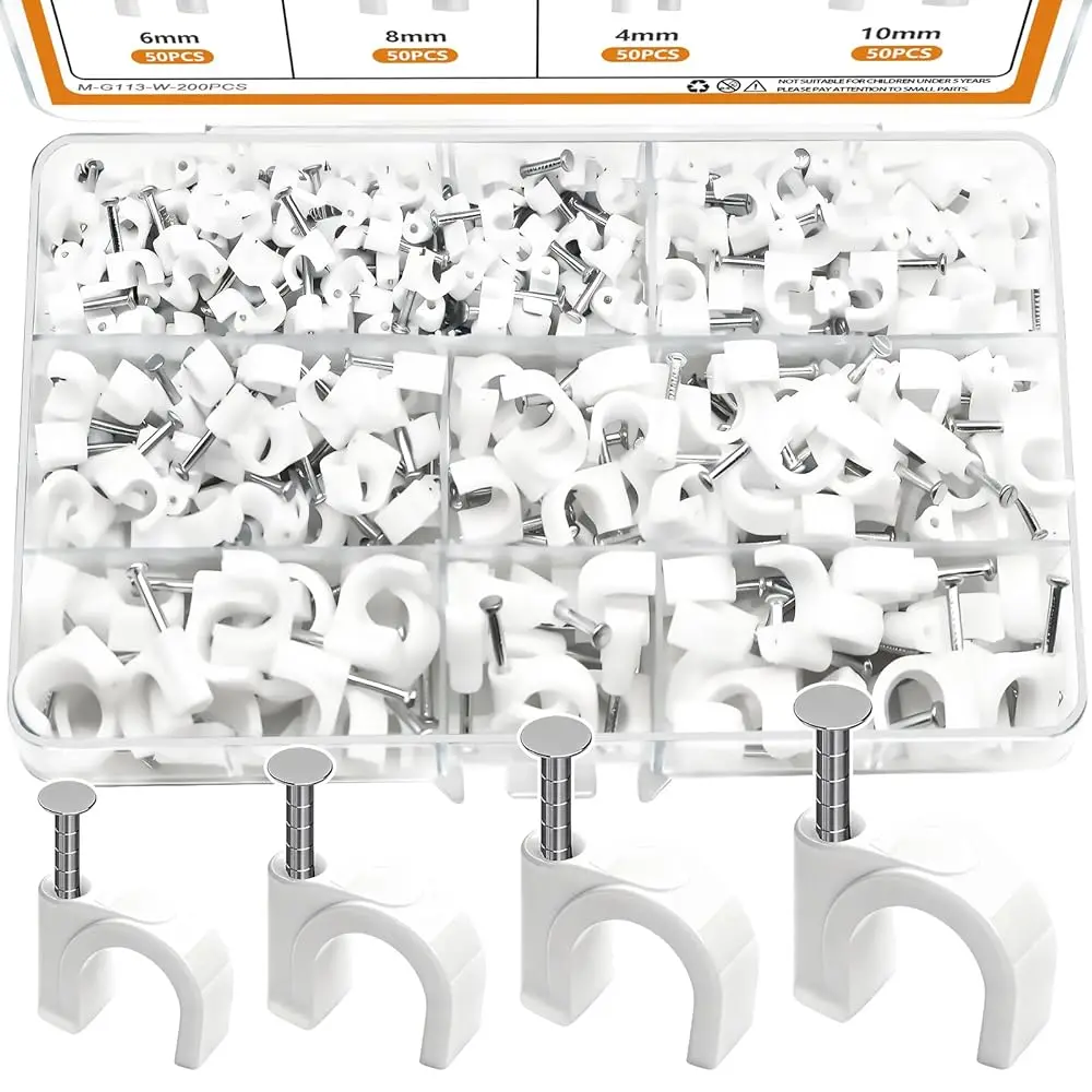 

200PCS Cable Clips Nail in Cable Clips Wire Clips 4/6/8/10mm Round Ethernet Cables Wall Clips for Cords RG6 RG59 CAT5 CAT6 R