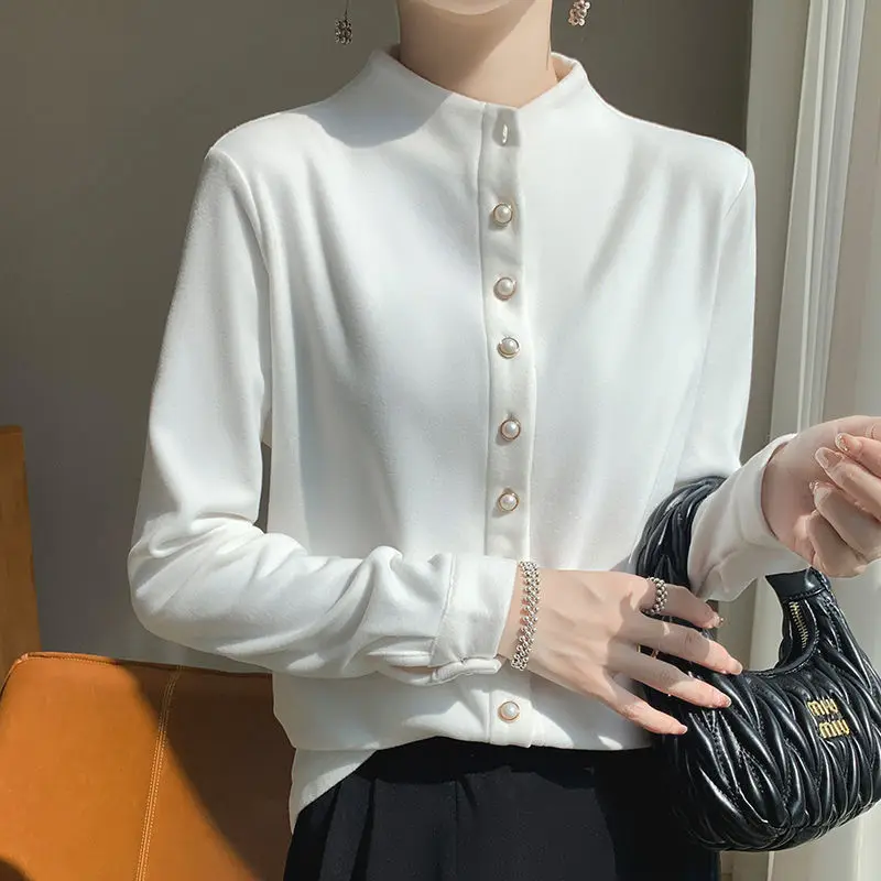 

New Autumn Winter Thick German Velvet Jacket Women Double-sided Brushed Pearl Button Stand Collar Shirt Large Loose Base