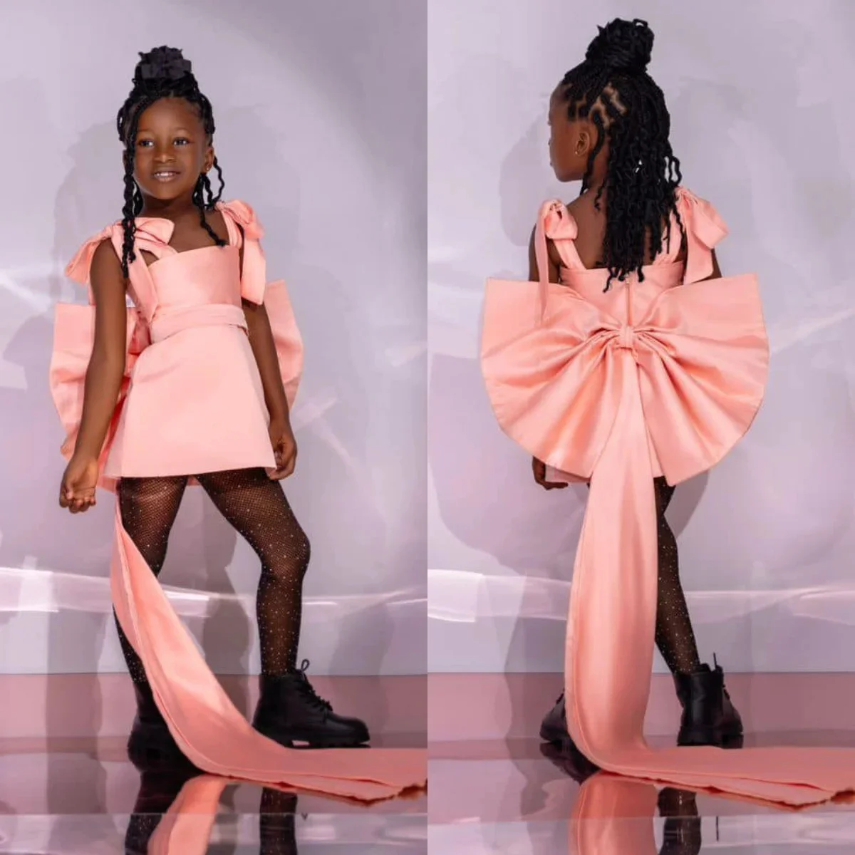 カスタマイズされたサテンフラワーガールドレス結婚式用ノースリーブ弓エレガントな子供の誕生日パーティー写真撮影宴会夜会服