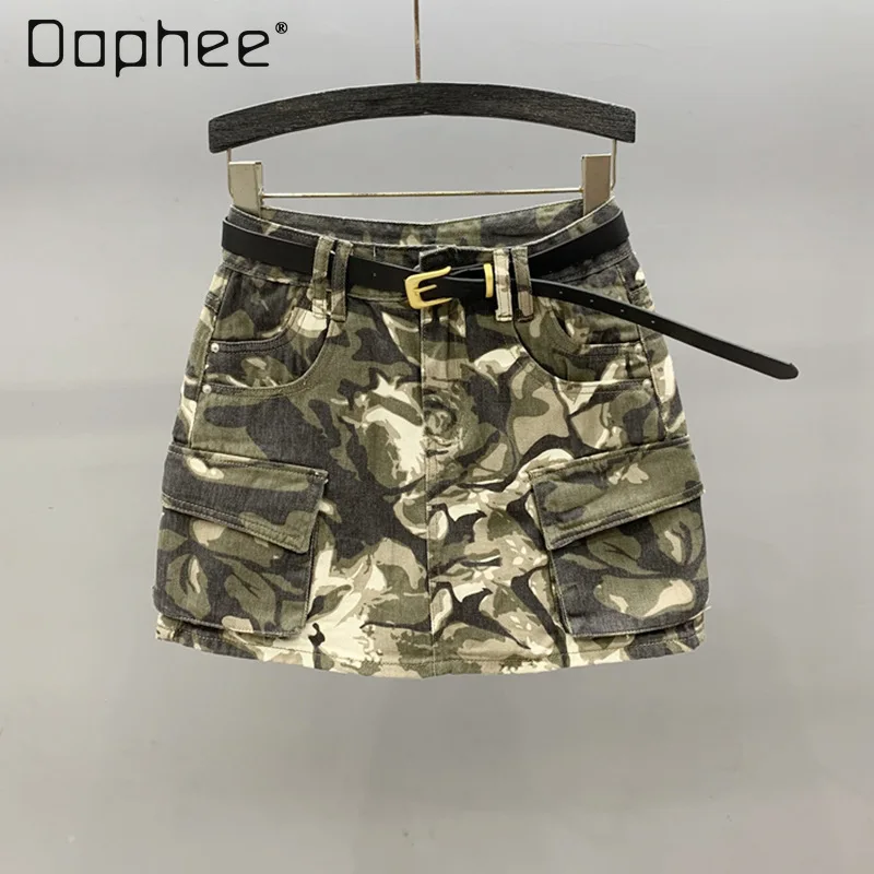 Street Camouflage Denim Skirt Women With Pockets Cargo Skirt High Waist A Line Mini Skirts All-match Bag Hip Jean Skirts