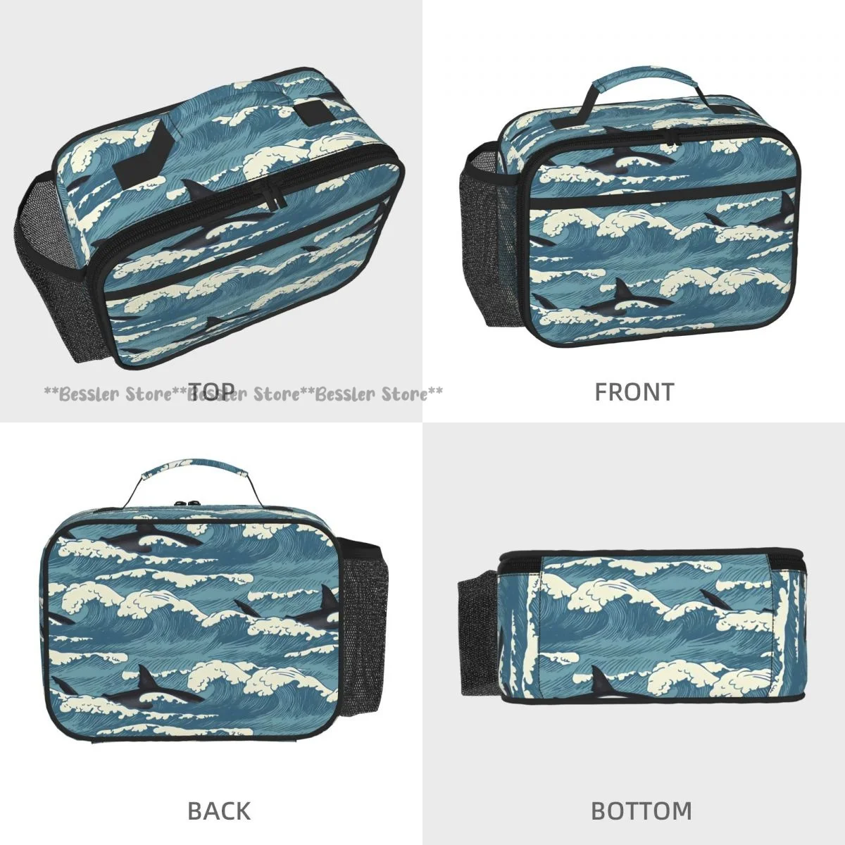Reusable Handheld Thermal Bento Bag Retro Waves And Sharks Insulated Lunch Carrier for School Office Outdoor Use