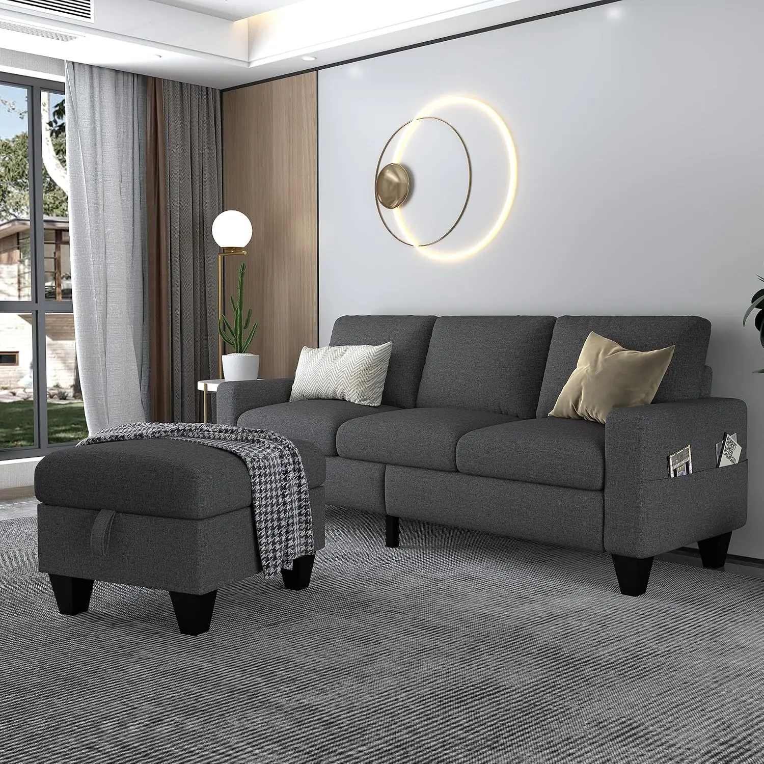 78'' Convertible Sectional Sofa Couch: Dark Grey 3 Seat L-Shaped Sofa Couches with Storage Ottoman and Pockets