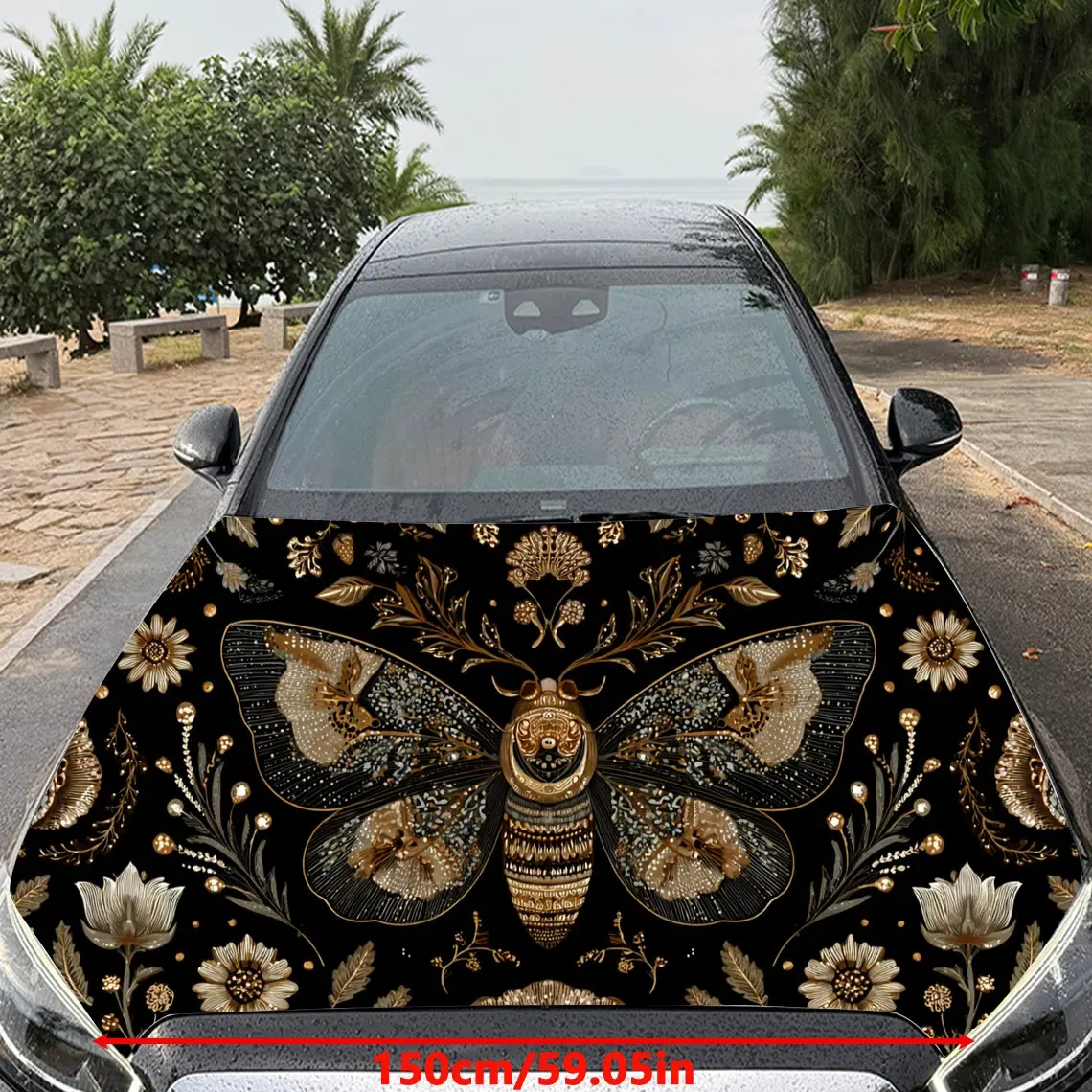 Gilded Bohemian Moth Floral Car Hood Sticker,Waterproof Self-Adhesive Vinyl Graphics Decals,Decorative Auto Accessories Stickers