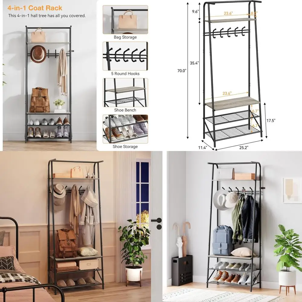 

4-in-1 Entryway Bench with 6 Hooks and 3-Tier Shoe Storage