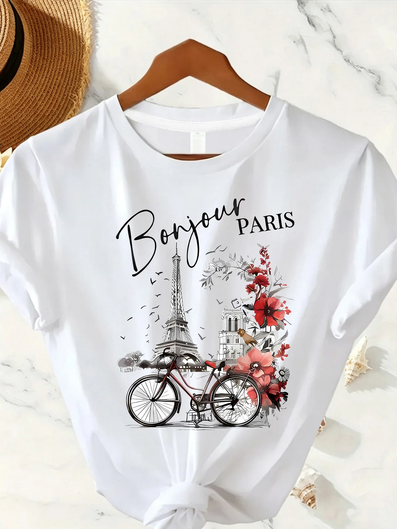 【SYJ80443】Eiffel Tower bicycle print T-shirt short-sleeved summer women's casual top street fashion women's clothing