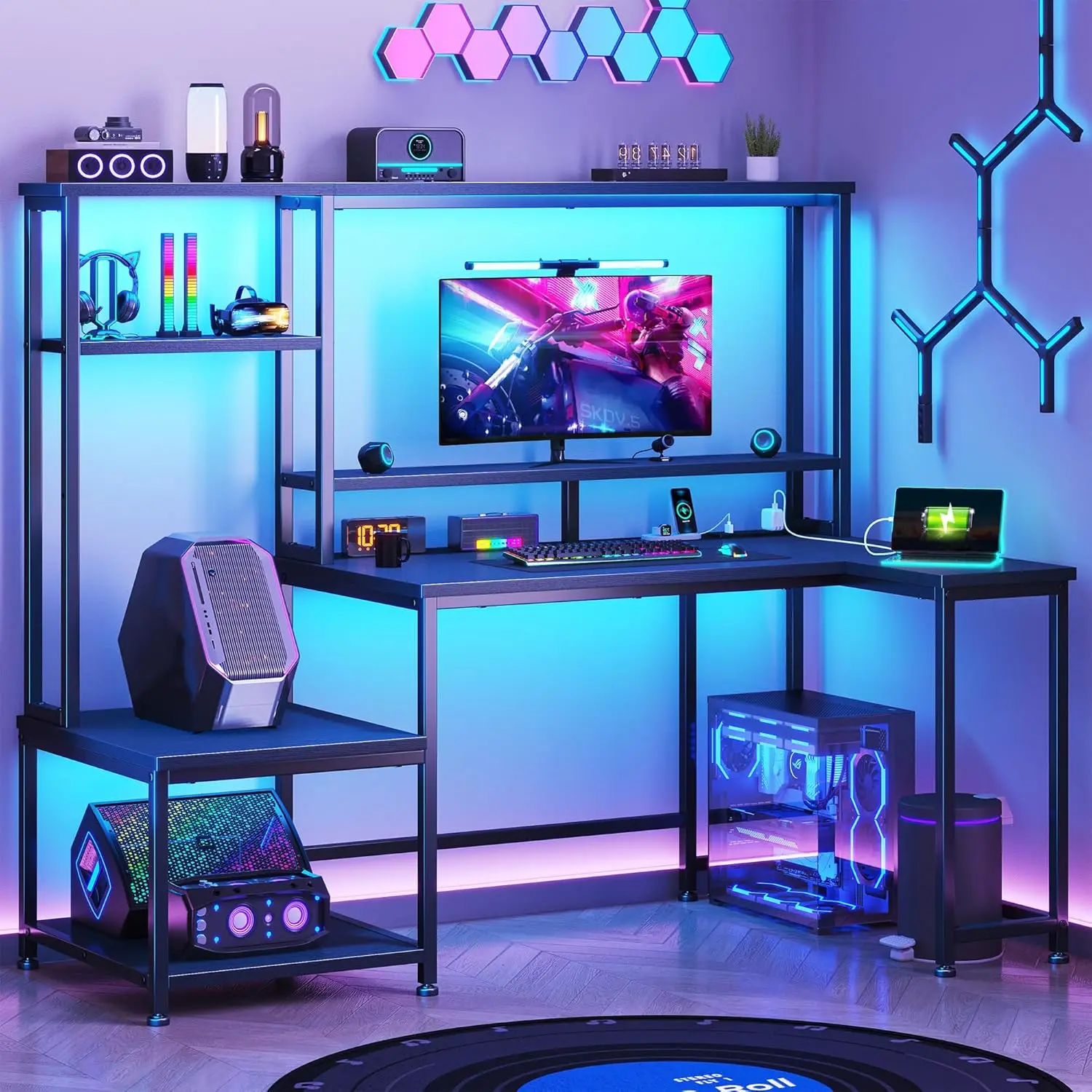 

Gaming Desk with LED Lights & Outlets,55 L Shaped Computer Desk with Shelves & Storage Hutch,Reversible Corner Gaming Table with