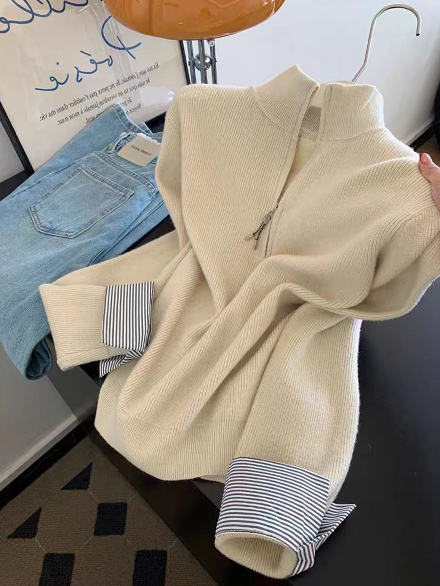 الشتاء اللون بلو طويل Sve محبوك سترة الكورية Sle طبقة قاعدة بسيطة أعلى تخفيف تنوعا الأساسية irt قصيدة الفن لين