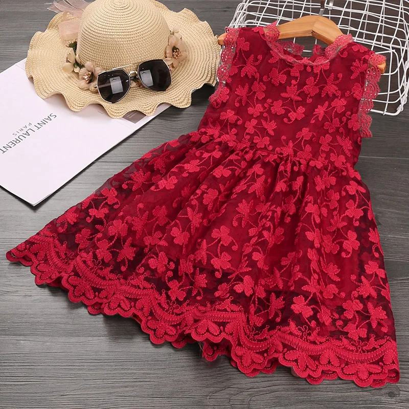 Dress Kids Girls 2-3 Years Red Lace Gauze Dress For Girls Elegant Vacation Holiday Party Dress Graduation Clothes