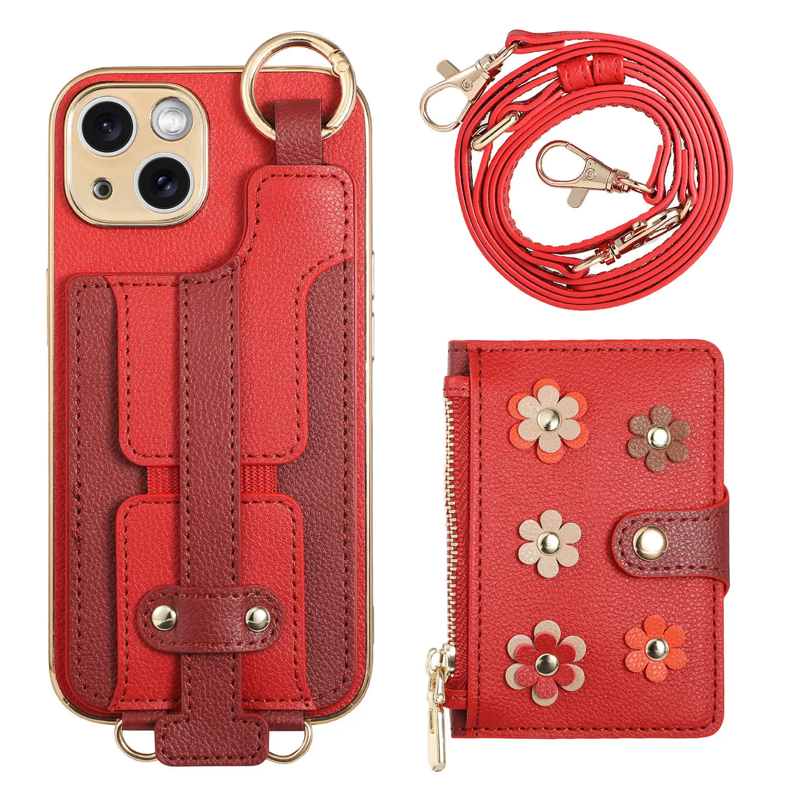

Leather Phone Case for iPhone 16 15 14 13 12 11 Pro Max 16 Plus Back Cover with Detachable Card Holder and Long Lanyard XL010