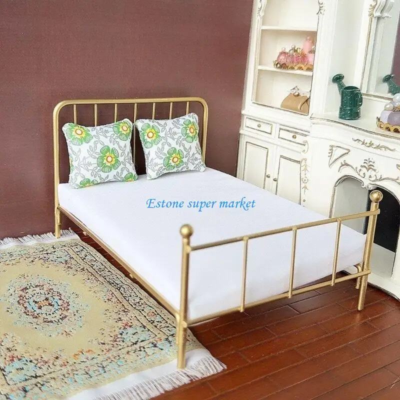 090B Intricate Fabric Miniature Furniture Metal Full Bed 1:12 Scale Bedroom Set