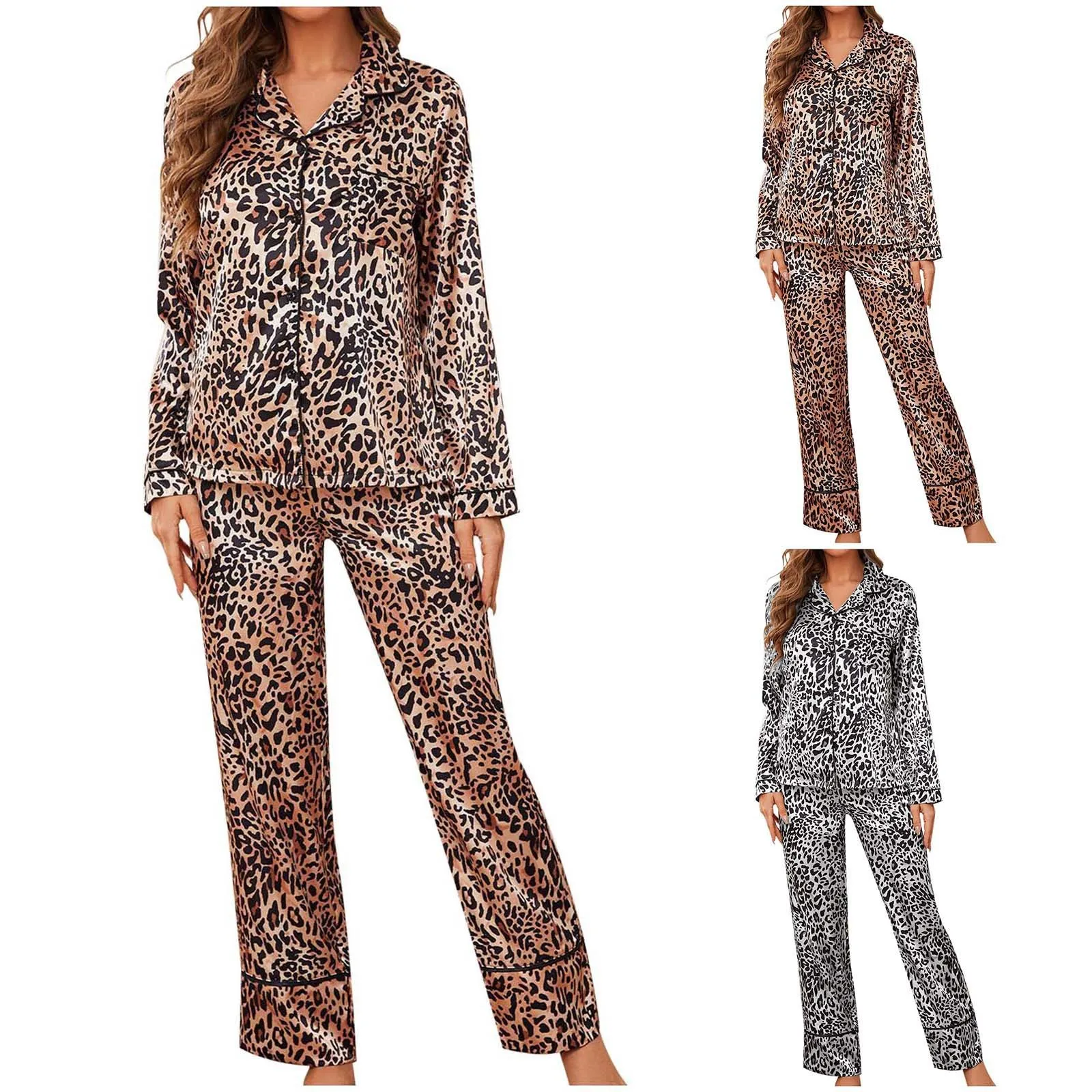 

Autumn Print And Women Set Sleeved Leopard Formal Pajamas Outfits for Wear Home Winter Women's Trousers Long Cardigan