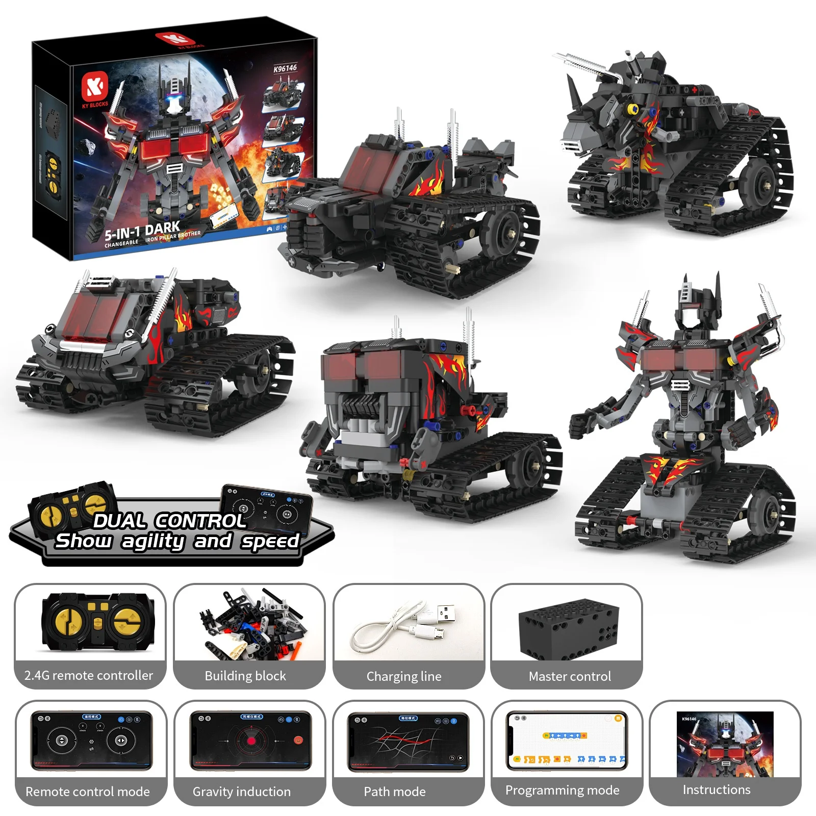 

Программируемый робот-конструктор - 5 трансформируемых форм, с дистанционным управлением и управлением через приложение, развивающая игрушка-подарок для детей