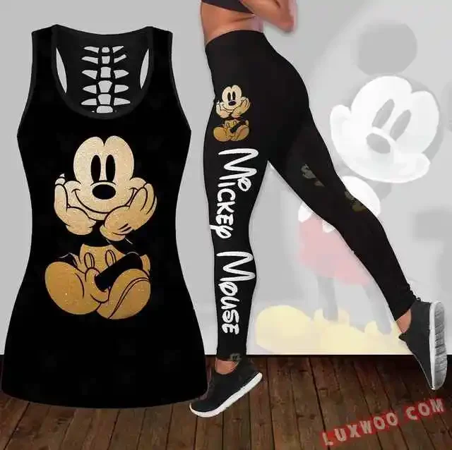 Mickey Mouse Women's Hollow Tanktop Leggings Yoga Set Summer Fitness Leggings Tracksuit Disney Cutout Tank Top Leggings Set#2