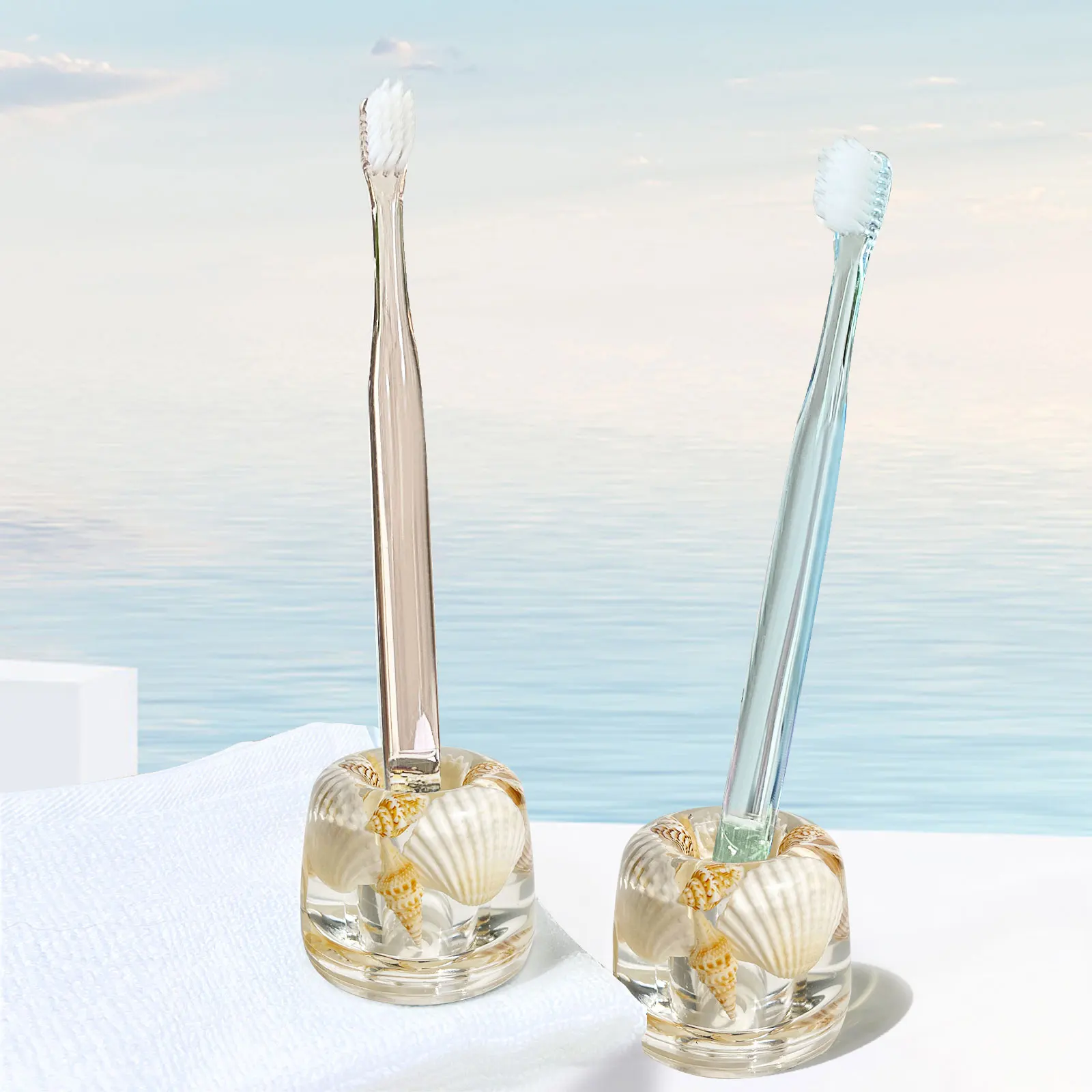 THEYUFA Mini Couple Toothbrush Holder Seashell Handmade Seascape Razor Holders Organizer for Bathroom Vanity Sea-SandPack of 2