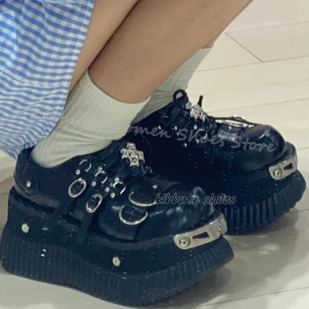 

Lace-Up Mary Jane Pumps Metal Decor Belt Buckle Genuine Leather Solid Color Fashion Elegant Concise Sexy Women Shoes Round Toe