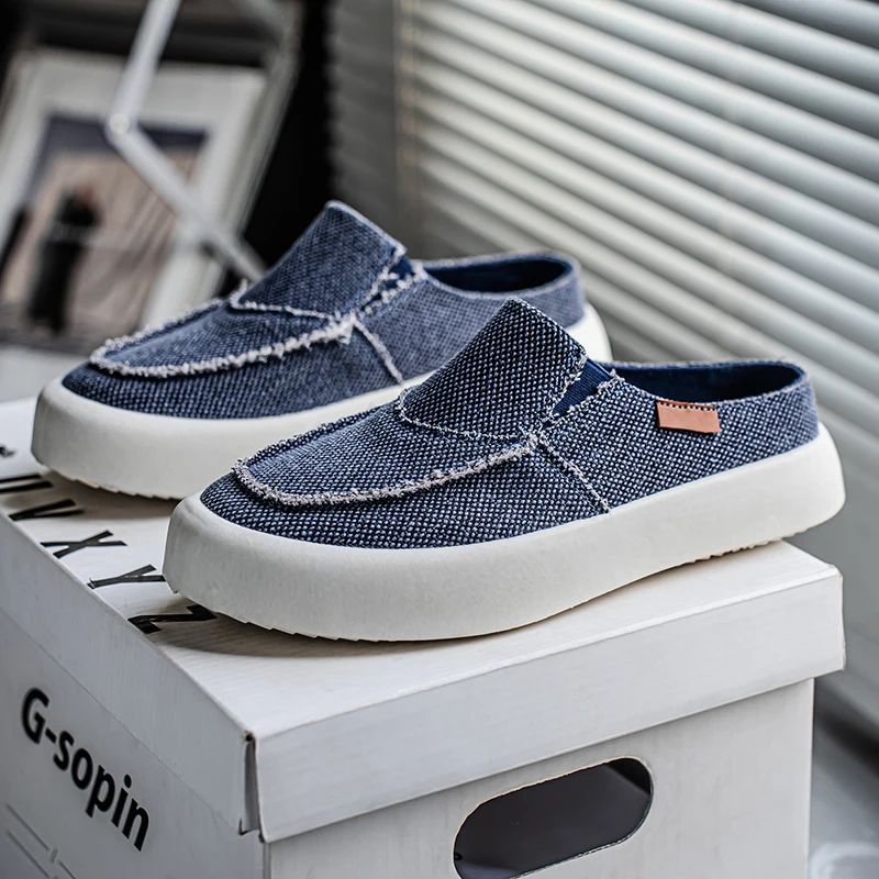 

Fashion Men Half Slipper Breathable Blue Canvas Shoes for Men Outdoor Platform Casual Slippers Men Cloth Shoes Zapatos De Hombre