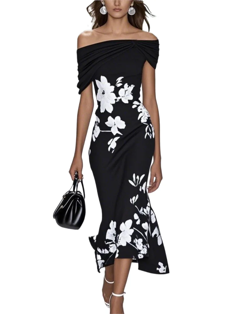 ชุดเดรสลายดอกไม้สุดหรู สไตล์แฟชั่นผู้หญิง เซ็กซี่ เปิดไหล่ แขนสั้น ชุดเดรสสำหรับผู้หญิง ใส่ไปงานปาร์ตี้วันหยุด กระโปรง เสื้อผ้า