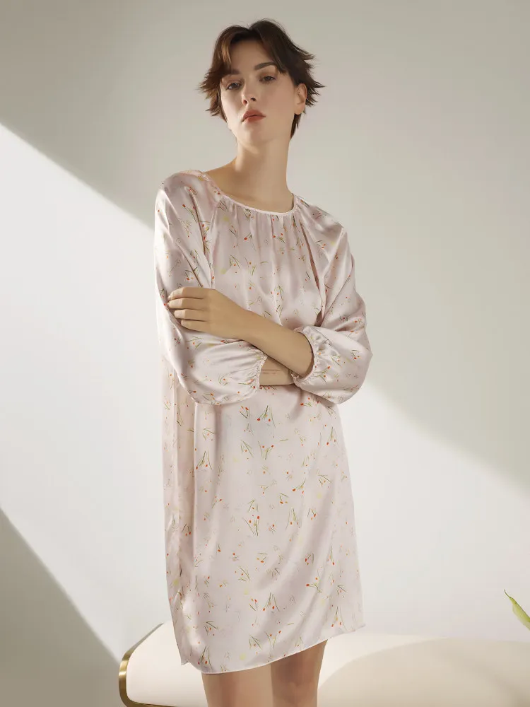 100% Mulberry Silk Long Sleeve Sleepshirt Nightdress Summer Floral Lingerie Women's Elegant Nightdress Casual Pajama Home Dress