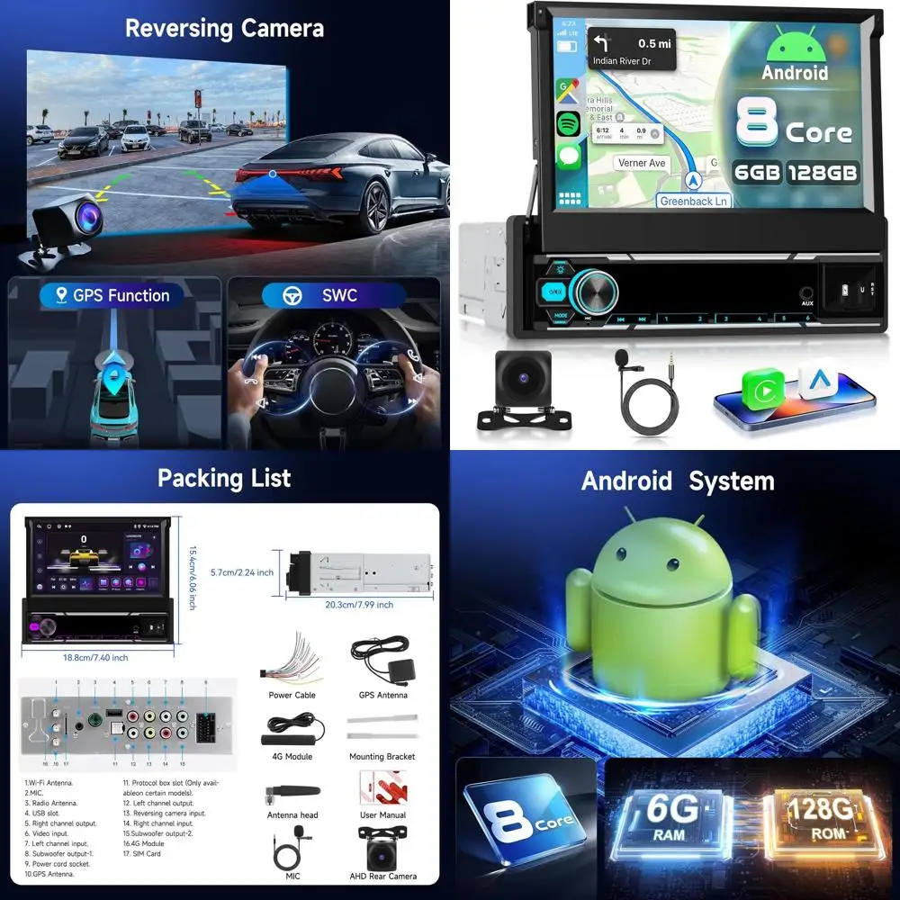 

6+128G Android Single Din Touch Screen Car Stereo with Wireless Carplay& Android Auto, 7 inch 1 DIN Flip Out Radio with GPS Wifi