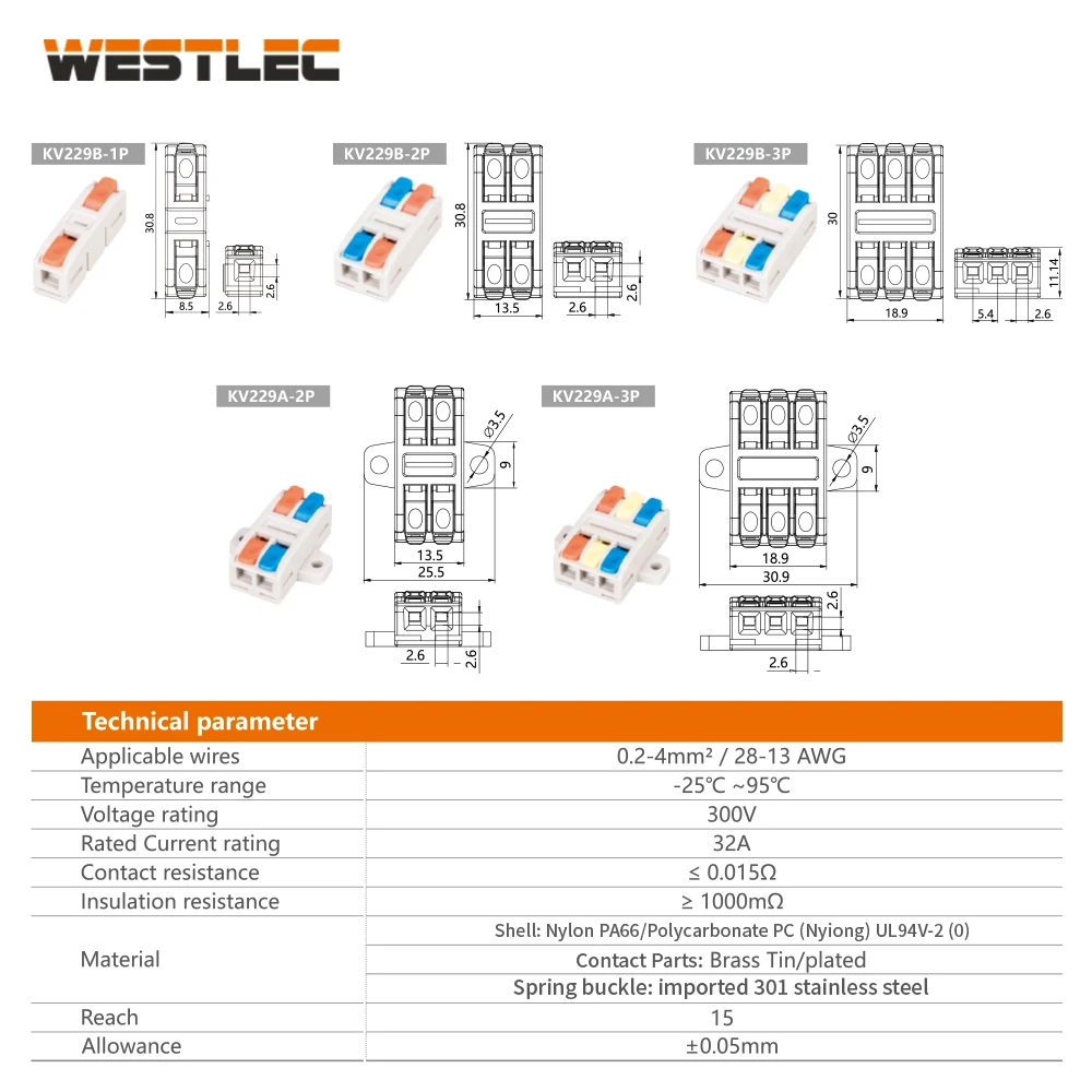 WESTLEC Universal Quick Connect Terminal Block Type A & B 0.2-4mm² Compact Electrical Splice Connector KV229