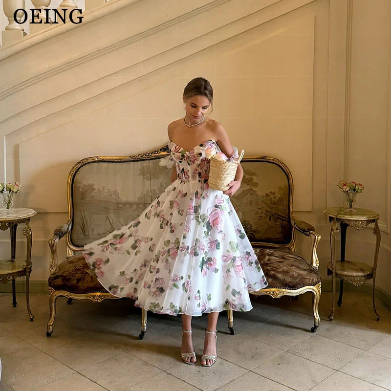 

OEING Charming A-Line Prom Dresses Off Shoulder Flower Printed Draped Party Gowns Tea Length Evening Dresses Customized