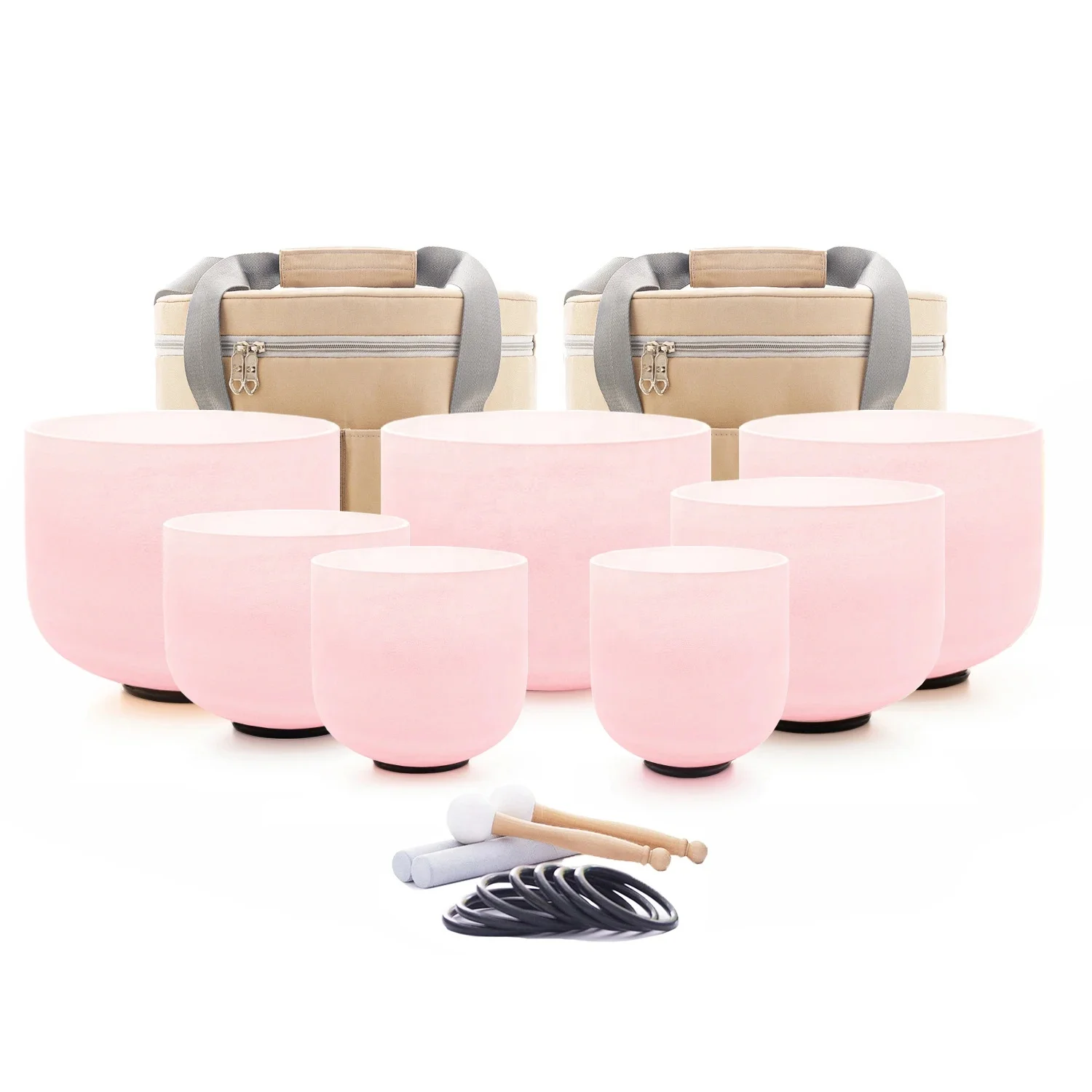 Pink Frosted 6-12inch 432hz Quartz Crystal Singing Bowl 7pcs Chakra Set Note With Beige Carry Case