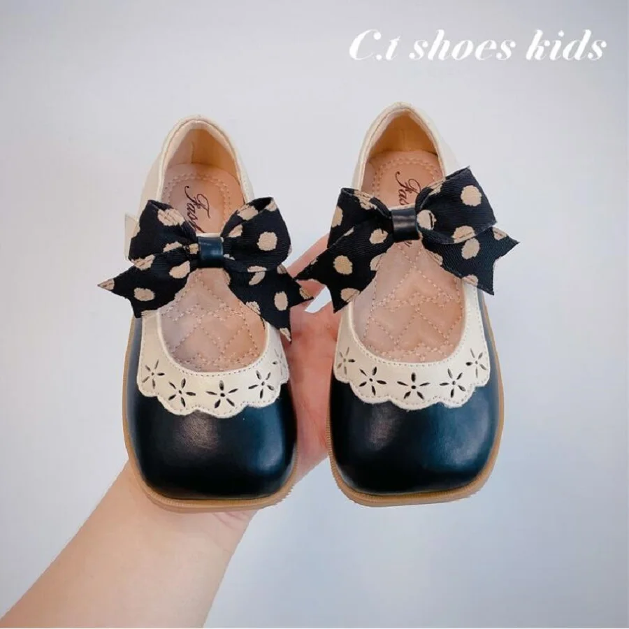 2024 Autumn New Girls' Square Mouth Small Leather Shoes Lace Bow Girls' Princess Shoes Black Earth Yellow Brown Sizes 22-33