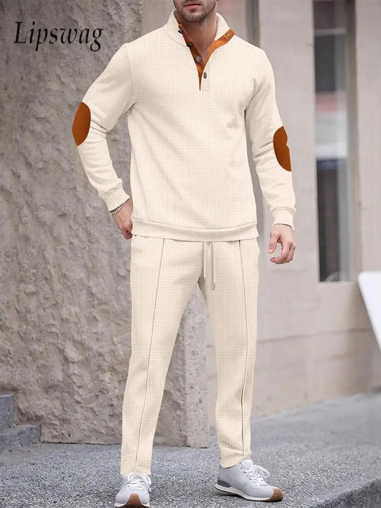 

Модные мужские комплекты из двух предметов с вафельной текстурой, весенне-осенние толстовки с длинными рукавами и брюки, спортивные костюмы, мужские повседневные спортивные костюмы