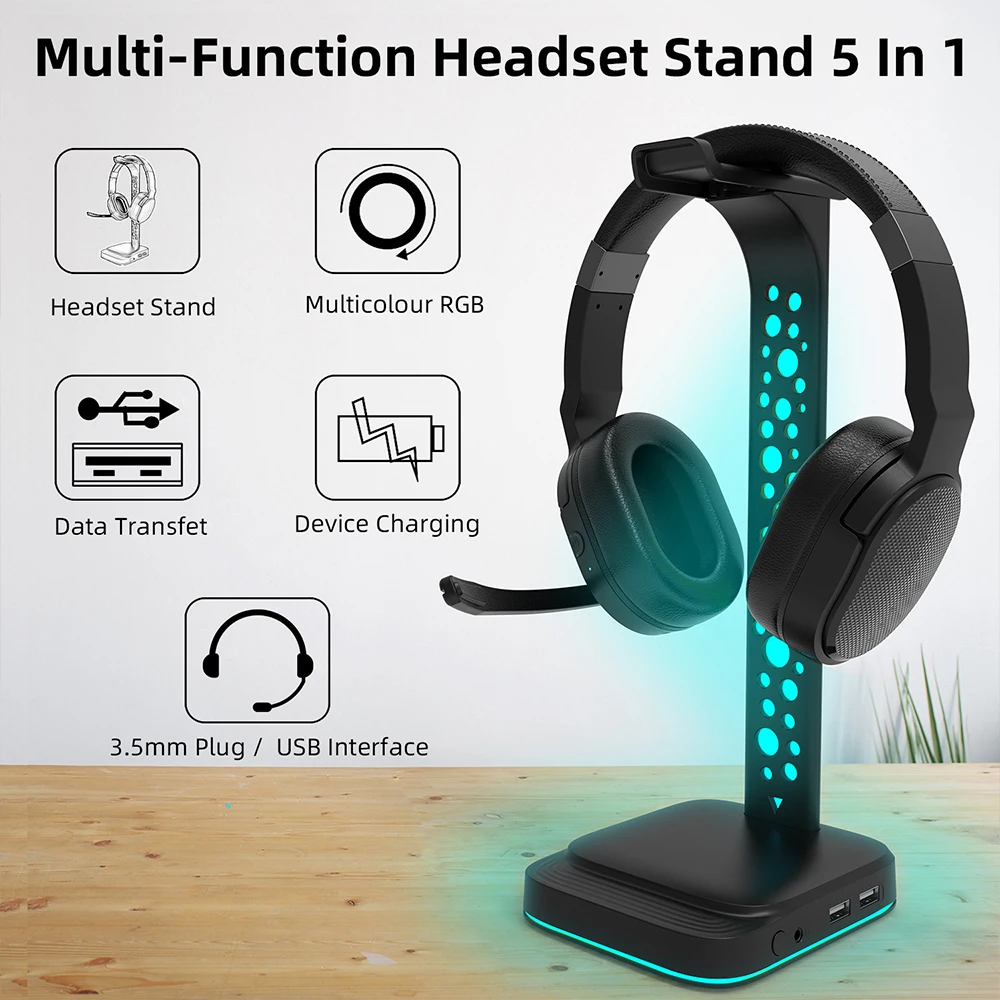 Supporto per cuffie con luci GB con porte USB di tipo c supporto per cuffie per tutti gli auricolari gamer Gaming PC accessori scrivania