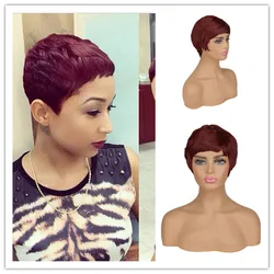 SuQ Pixie Cut Wig Layered Cut Hair For Women Wine red Women's Short Hair Black African Synthetic Cosplay Dance Party Curly Wigs