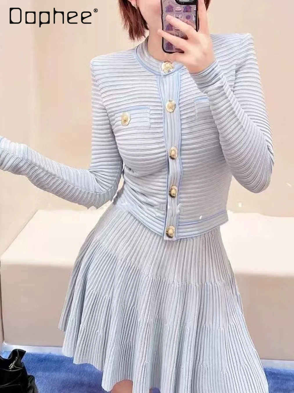 

Fashion Classic High-end Long-sleeve Top Knitted Cardigan + High-waisted Slimming Skirt Two Piece Set Elegant Goddess Skirt Sets