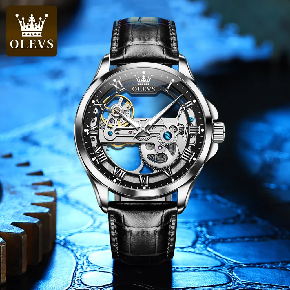 OLEVS 6661 Full Hollow Out Automated Men's Watch Luxury Brand Original Leather Strap Waterproof Trend Mechanical Watch for Men