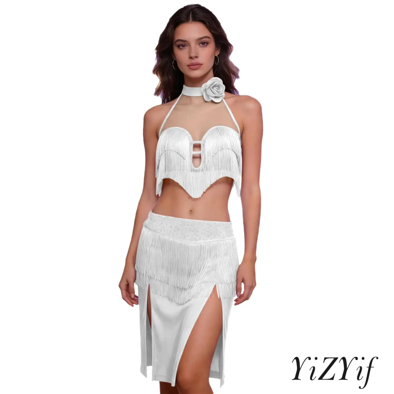 

Women Latin Belly Dance Two Piece Set 3D Flower Applique Tiered Tassel Backless Sleeveless Crop Top and Skirt for Salsa Cha cha