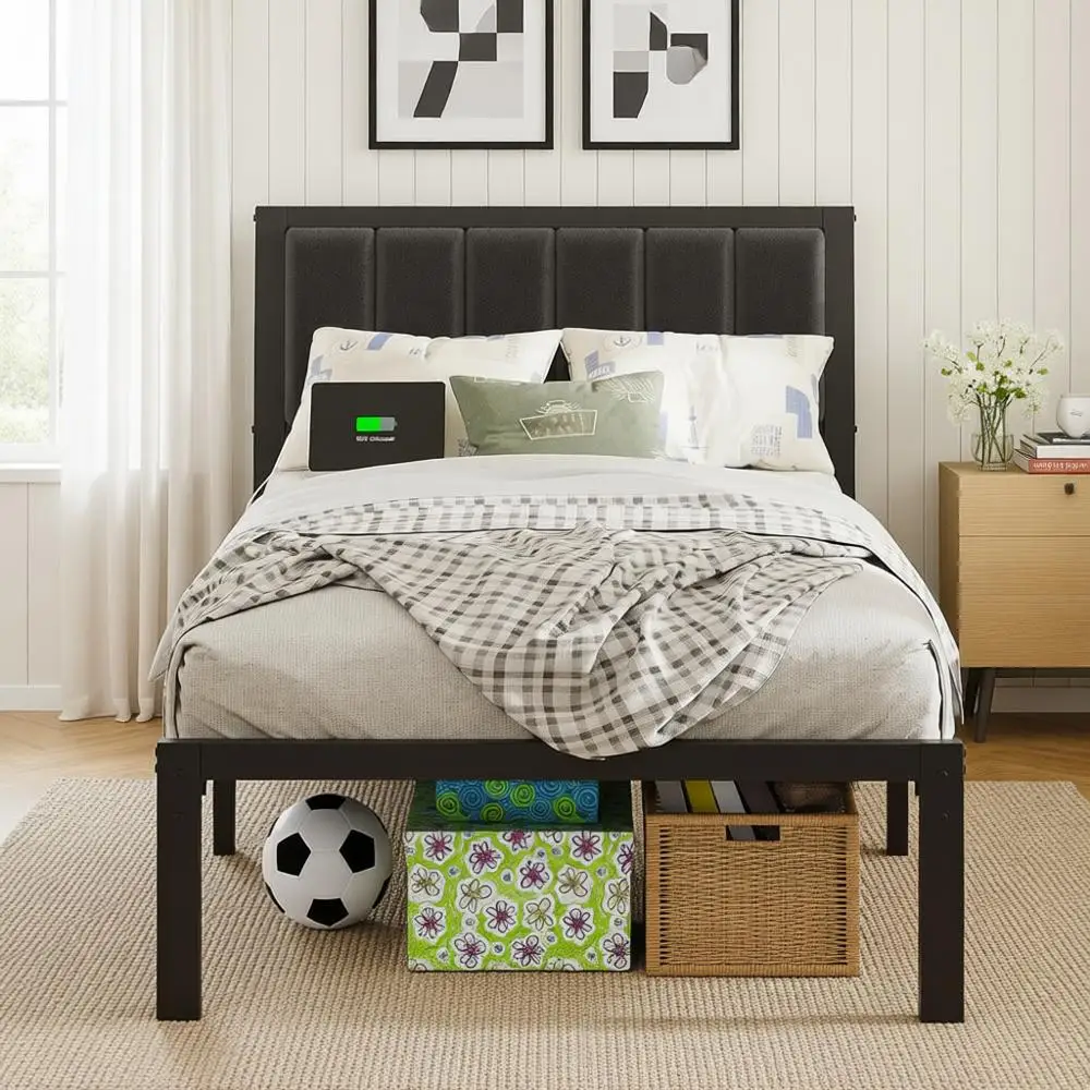 

Металлическая кровать-платформа размера Twin с USB-зарядкой и светодиодной подсветкой, не требует пружинного блока.