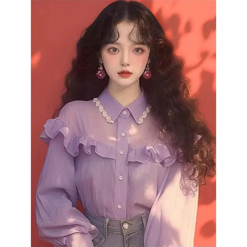 

Purple Long Sleeved Shirt for Women Spring New Flounce Temperament Chiffon Blouse Women Camisas De Mujer Oversize Y2k Top