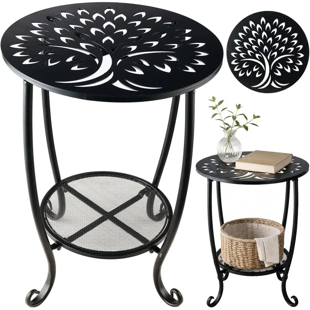 2-Tier Metal Round Side Table Black Accent Coffee Tables Small Space Plant Stand Shelf Indoor Outdoor Porch Patio Balcony Living