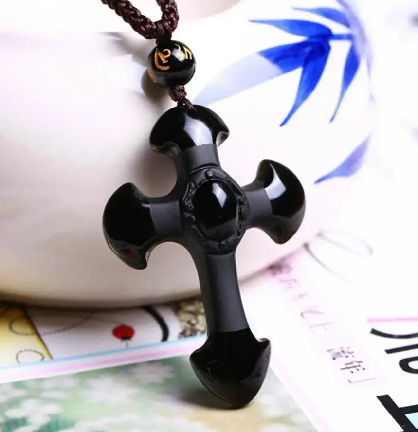 

Fashion jewelry Natural Stone Obsidian Pendant 52*35mm Black A Carved Cross Carving Handwork Mascot Amulet Lucky