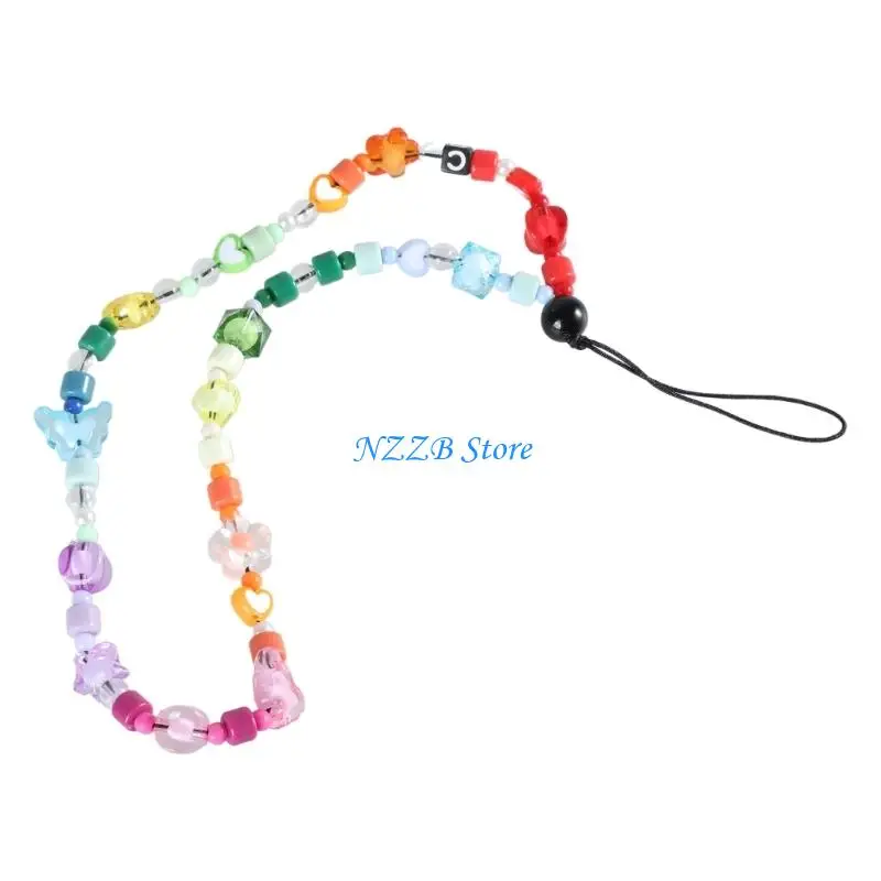 

T21F Beads Keychain Charm Colorful Butterfly Flower Bead Phone Charm Phone Lanyard Stylish Wrist Strap Cellphone Accessory