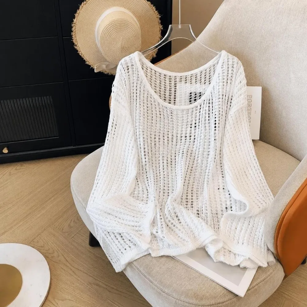 Fashion Hollow Out Long Sleeved Top Solid Color Knitted Round Neck Pullover Versatile Loose Sun Protection Blouse Women