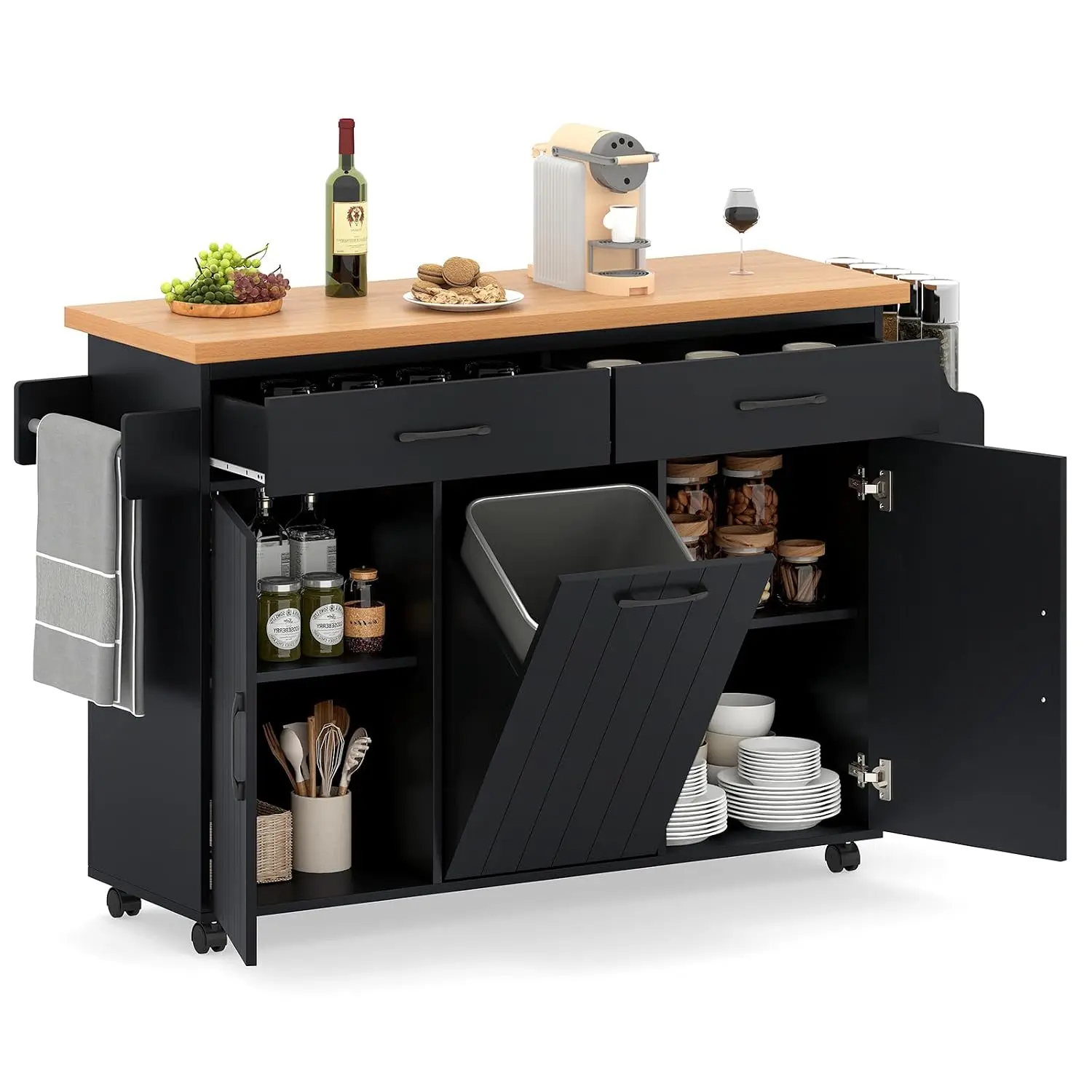 Kitchen Island Cart with Trash Storage, Adjustable Shelves, 2 Drawers, Spice Rack, Towel Bar, Mobile Dining Table, Customized